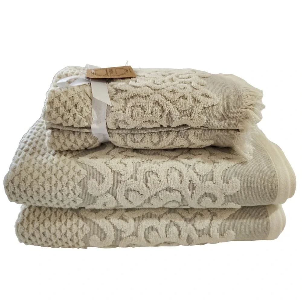 Common Thread 4pc Plush Damask Cotton Towel Set Beige And Tan 2 Bath And 2 Hand
